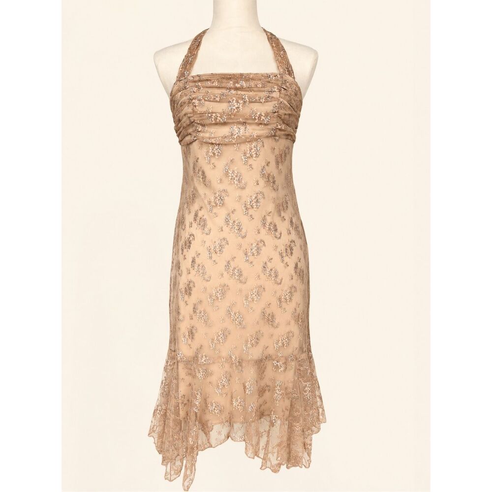 My Michelle Beaded Halter Dress Women’s Sz 6 Nude Champagne Y2K Formal Fairycore
